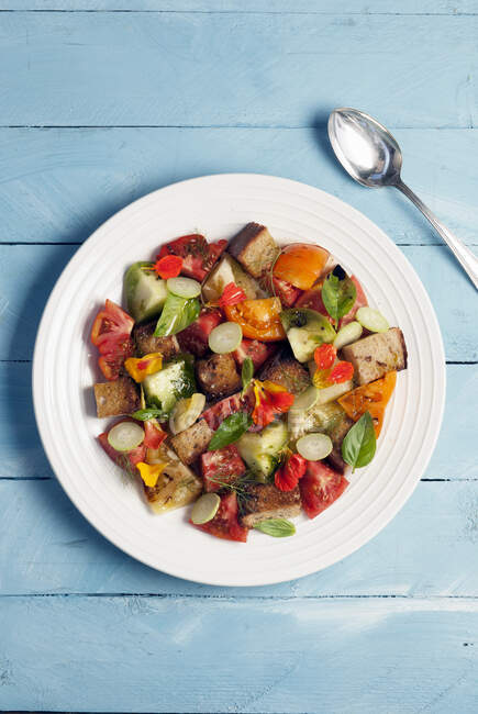 Salade de panzanella sans gluten aux tomates héritées — Photo de stock