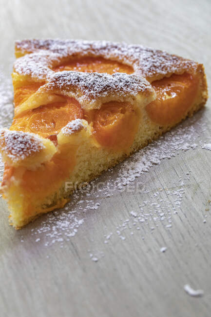 A slice of apricot cake dusted with icing sugar — Stock Photo