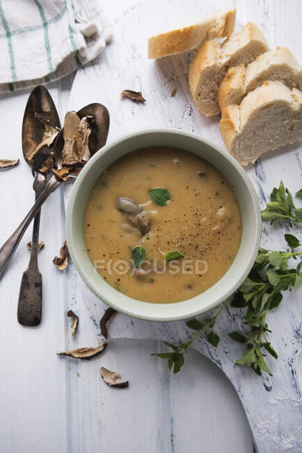 Batata Vegan e sopa de cogumelos selvagens com manjerona fresca — Fotografia de Stock
