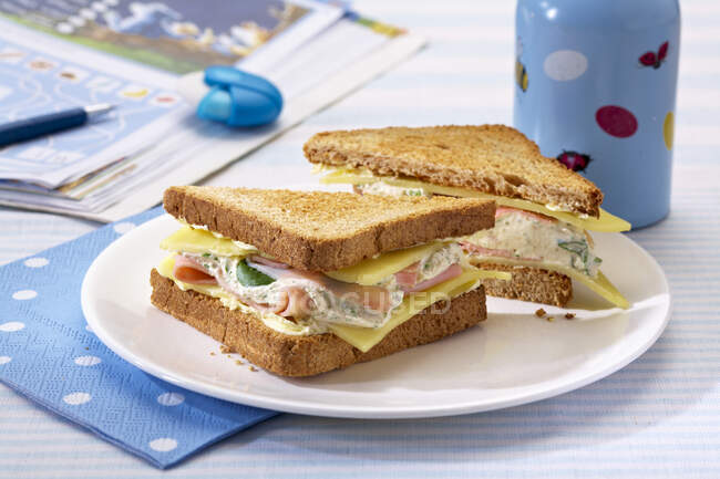 Ham, quark and cheese toasts served on plate — Stock Photo