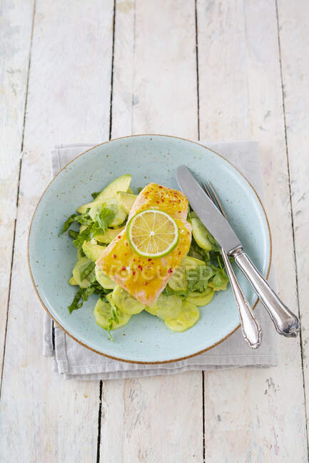 Salmon fillet with a honey-mustard coating and avocado and cucumber salad — Photo de stock