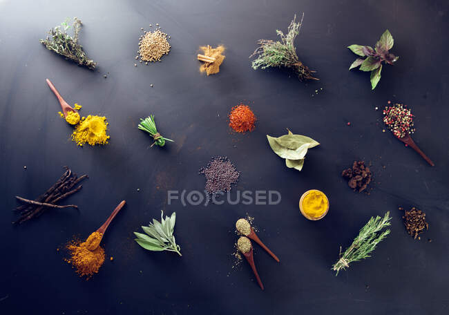 Variedad de especias y hierbas mediterráneas - foto de stock