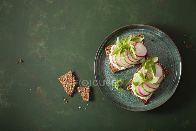Keto crispbread with cream cheese, cucumber and radishes — Stock Photo