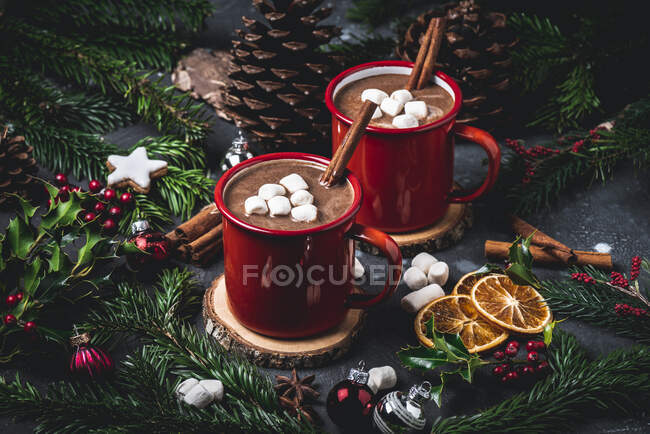 Chocolate caliente con malvaviscos en tazas de esmalte rojo - foto de stock