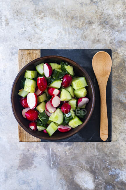 Close-up shot of delicious Cucumber salad with radish — Stock Photo