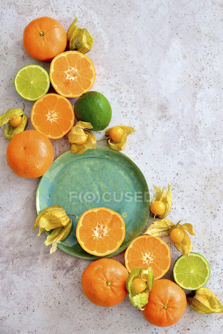 Citrus e physalis dispostos sobre um fundo claro — Fotografia de Stock