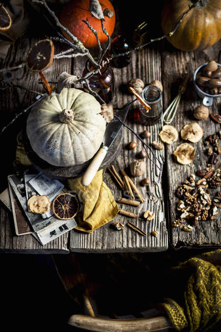 Abóboras de outono, especiarias, nozes e frutas secas na mesa — Fotografia de Stock