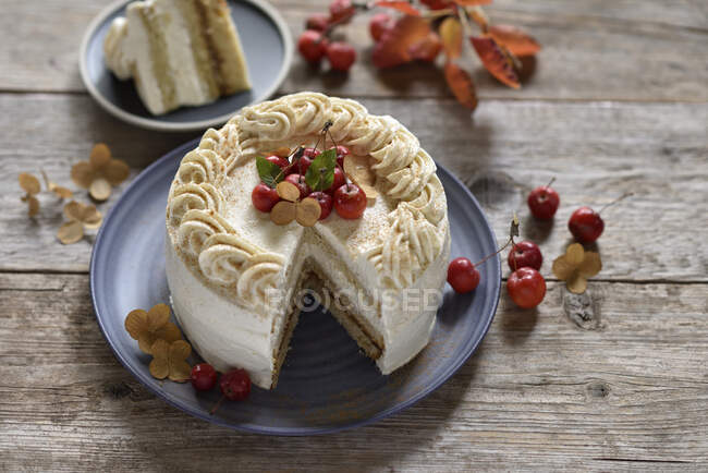 Vegan apple and almond cream cake with date caramel and mini apples, sliced — Stock Photo
