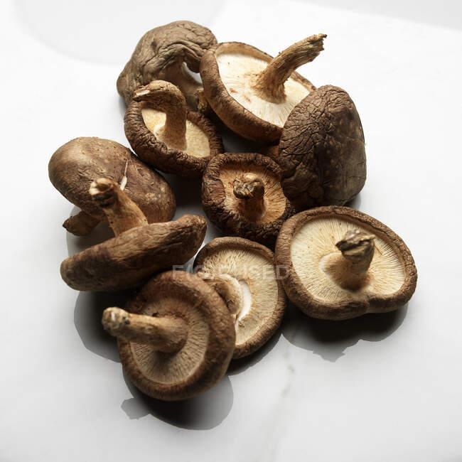 Nahaufnahme köstlicher Shiitaki-Pilze auf weißem Marmor — Stockfoto