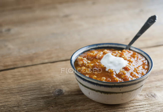 Sopa de cebada de tomate en tazón - foto de stock
