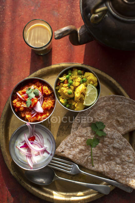 Индийский тали с йогуртом и чапати — стоковое фото