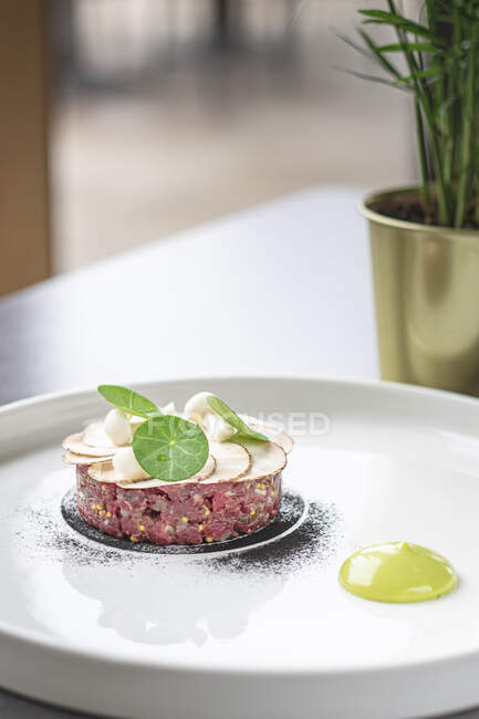 Beef tartare on plate, restaurant serving - foto de stock