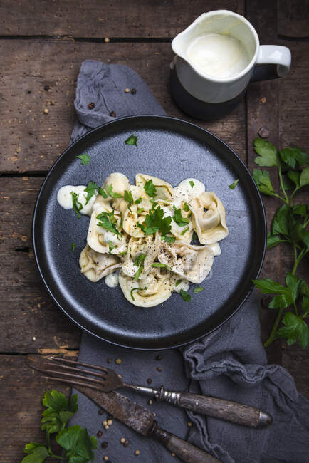 Vegan ravioli with spinach filling on parsnip and cashew sauce — Stock Photo