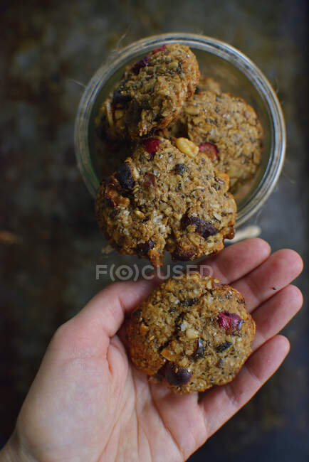 Primo piano di deliziosi biscotti di avena in una mano — Foto stock