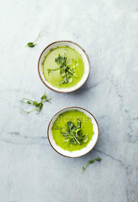 Green pea and spinach soup topped with pea sprouts and basil — Stock Photo
