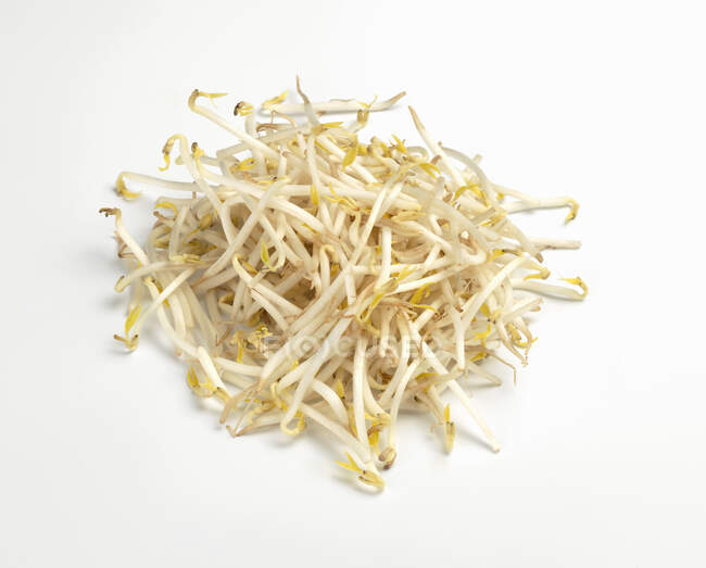 Primo piano di germogli di soia crudi su bianco — Foto stock