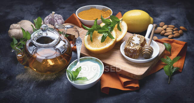 Food to boost immune system on black background — Stock Photo