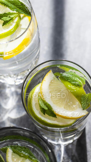 Drinks glasses filled with lemons, limes, mint and ginger — Stock Photo