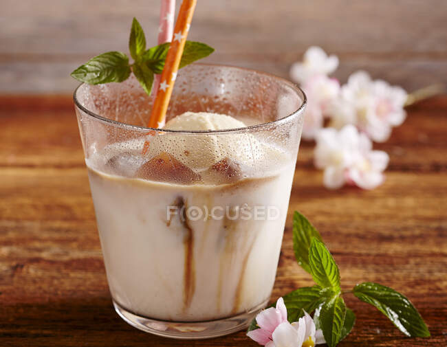 Leche de almendras con helado de vainilla y cubitos de hielo de café en un vaso con paja y menta - foto de stock