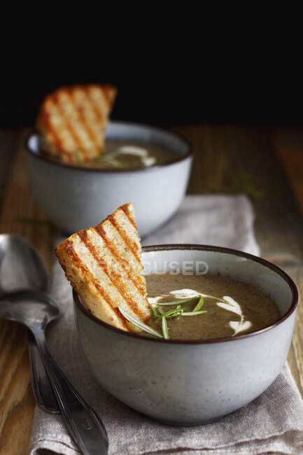 Creamy mushroom soup with toasts — Stock Photo