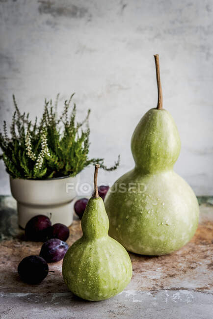 Bodegón con peras y uvas sobre fondo de madera — Stock Photo
