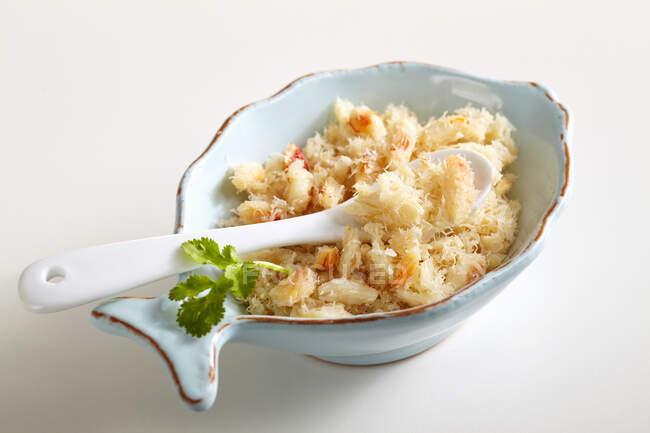 Viande de crabe râpée dans un petit bol avec une cuillère et des feuilles de coriandre — Photo de stock