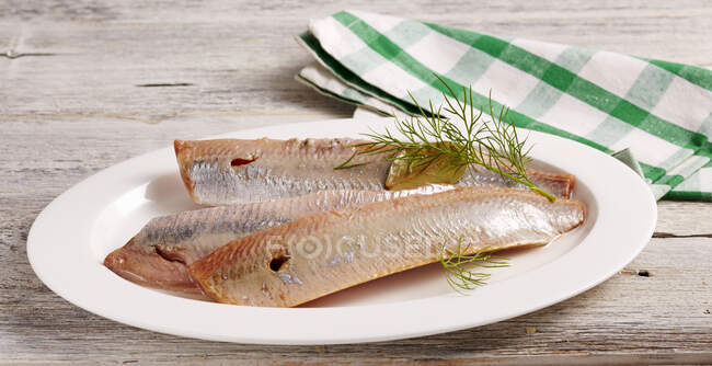 Salted herring with lemon and dill — Stock Photo