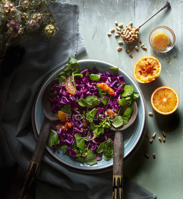 Red Cabbage Watercress and Blood Orange Salad with Blood orange dressing — Stock Photo