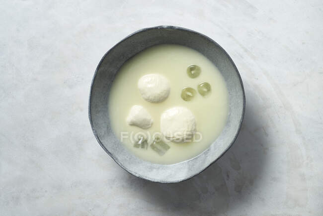 Homemade mozzarella in liquid with ice in bowl — Stock Photo