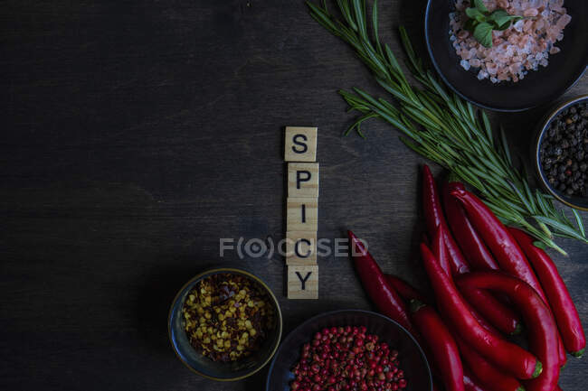 Concept de cuisson avec des ingrédients épicés sur une table en bois avec espace de copie — Photo de stock