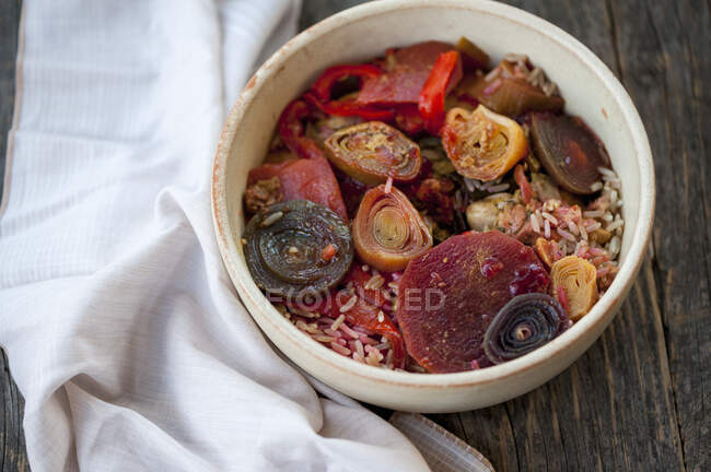 Baked vegetables and rice in a baking tray — Stock Photo