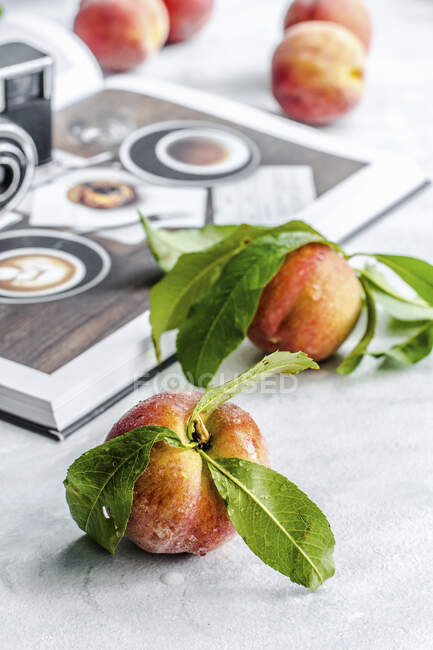 Fresh peaches with leaves, book and camera in the background — Stock Photo