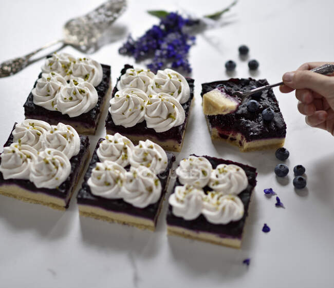 Веганский черничный и кварковый манный пирог со сливками и нарезанными фисташками — стоковое фото