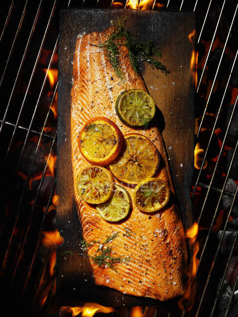 Cedar-planked salmon with citrus and herbs over flames and coals — Stock Photo