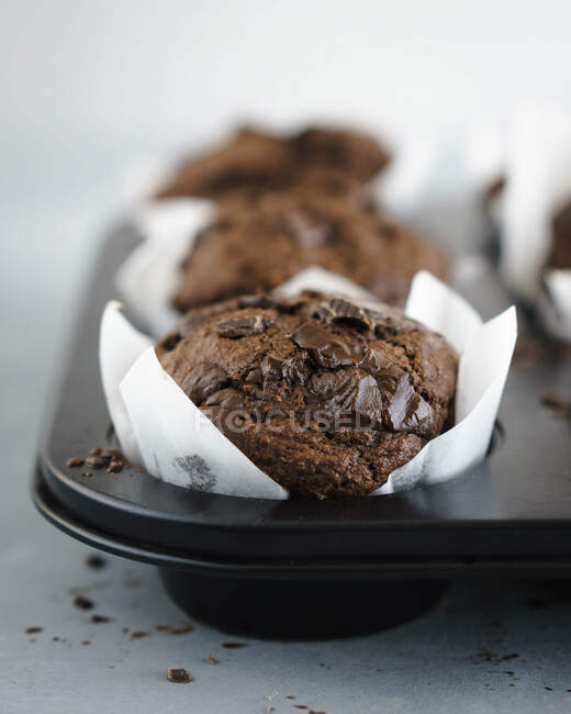 Muffins au chocolat dans des étuis à muffins blancs — Photo de stock