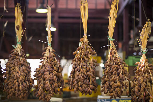 Suspended date bunches on a market — Stock Photo