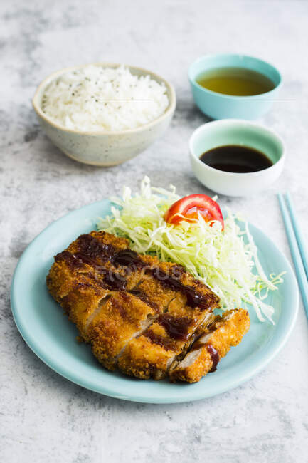 Тонка кацу з салатом і рисом — стокове фото