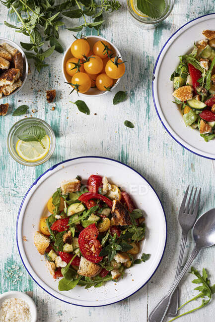Салат с курицей и овощами на белой тарелке — стоковое фото