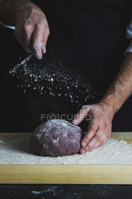 Purple loaf of spelt aronia berry powder bread being dusted with flour - foto de stock