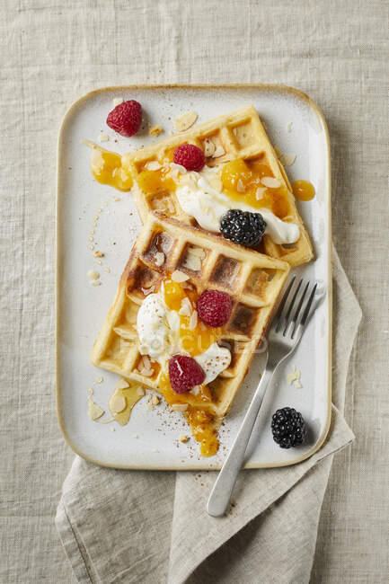 Бельгійські вафлі з йогуртом, парі абрикосів, льодом мигдалю, медом, чорницею та малиною. — стокове фото