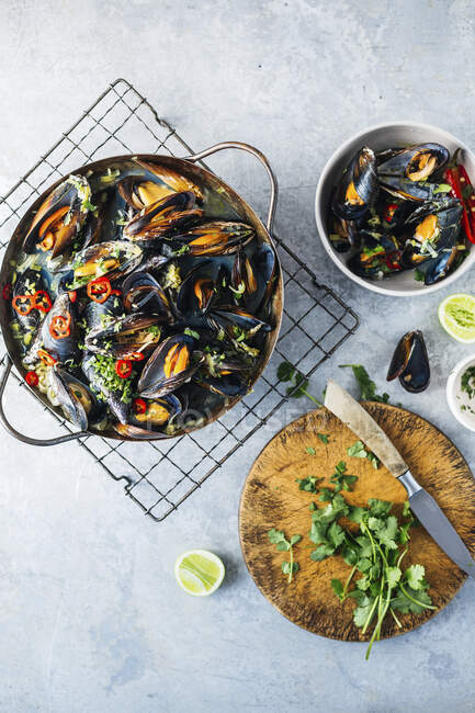 Asian mussels with chili, lime and cilantro — Stock Photo