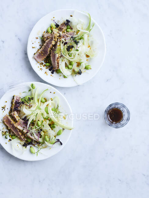 Fenchel mit gebratenem Thunfisch und Bergamotte — Stockfoto