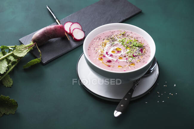 Sopa de creme de rabanete vermelho Vegan com amaranto estourado, sementes de chia, agrião e óleo de alho — Fotografia de Stock