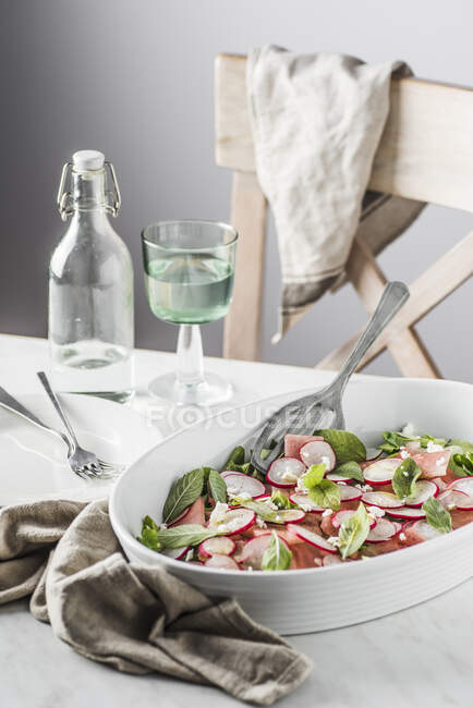 Watermelon and feta salad with olive oil, sea salt and black pepper — Stock Photo