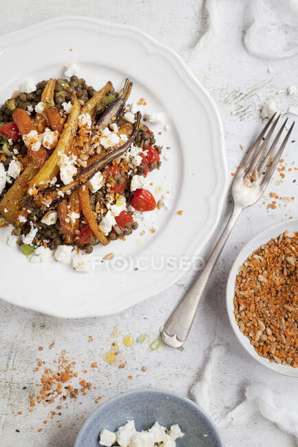Ensalada de lentejas y zanahoria con Feta y Dukkah - foto de stock