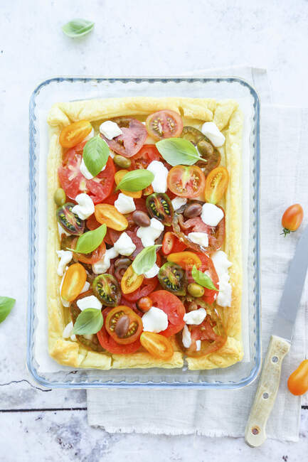 Пафосная выпечка, приготовленная в белом и фаршированная свежими помидорами, оливками и базиликом — стоковое фото