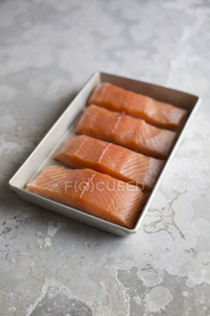 Raw salmon fillets in a tin bowl — Stock Photo