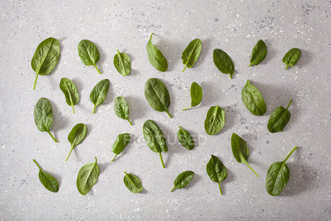 Fresh baby spinach leaves on stone surface — Stock Photo
