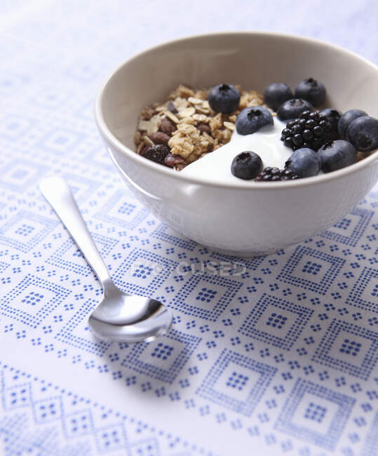 Muesli with yoghurt, blueberries and blackberries in small bowl — Stock Photo
