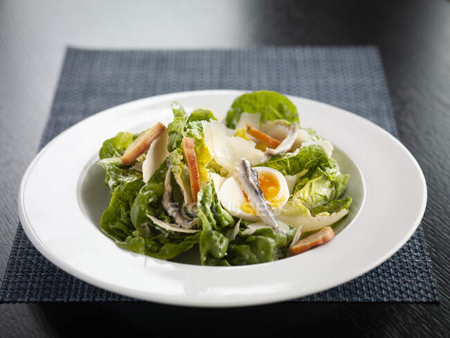 Salada com salmão e queijo em um prato — Fotografia de Stock